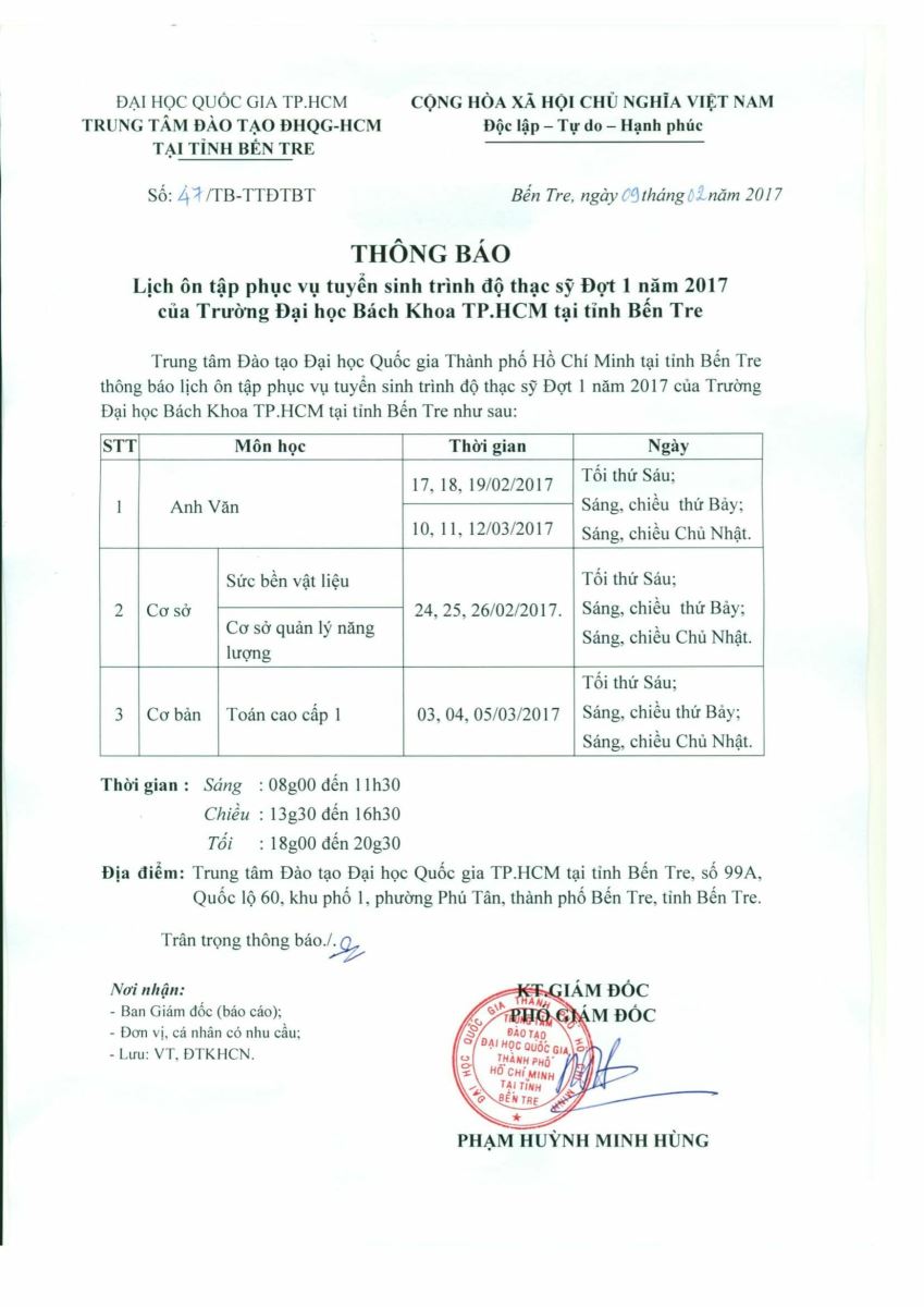 Thông báo lịch ôn tập phục vụ tuyển sinh trình độ thạc sỹ Đợt 1 năm 2017 của Trường Đại học Bách khoa Tp.HCM tại tỉnh Bến Tre