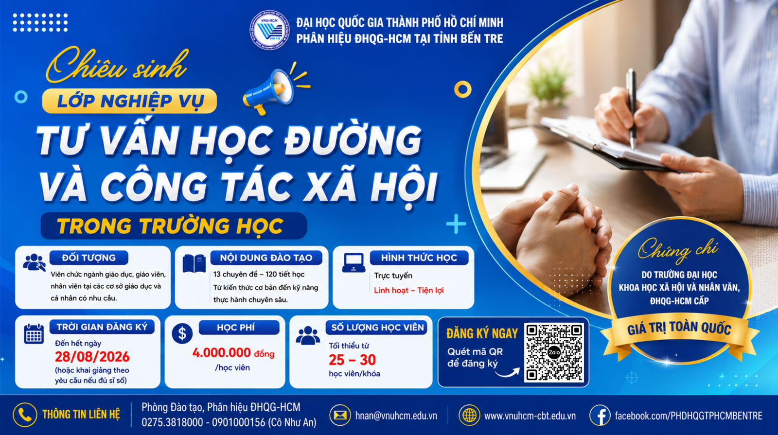 CHIÊU SINH LỚP NGHIỆP VỤ TƯ VẤN HỌC ĐƯỜNG VÀ CÔNG TÁC XÃ HỘI TRONG TRƯỜNG HỌC NĂM 2026