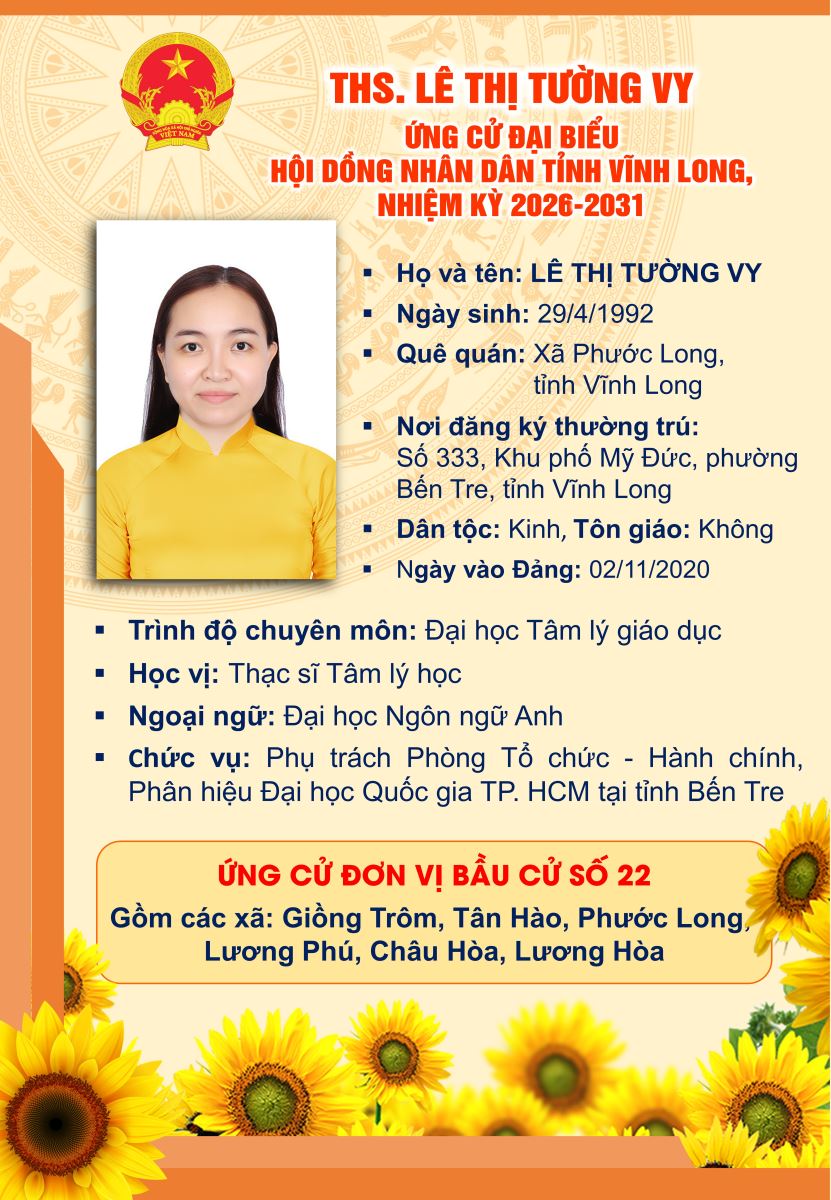 THS. LÊ THỊ TƯỜNG VY - ỨNG CỬ ĐẠI BIỂU HĐND TỈNH VĨNH LONG, NK 2026-2031